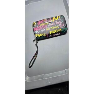 black wallet with a multi-color graffiti print.
